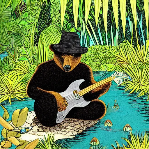 Prompt: a bear wearing a black hat, sitting in a pond in a lush jungle playing a guitar, drawing by moebius