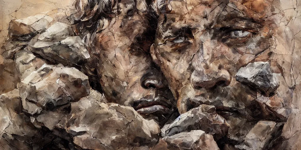 Prompt: highly detailed photography of a men made of rocks, big rocks, sharp focus, dramatic scene, aesthetic, dynamic lighting, elegant, harmony, masterpiece, by kent williams, by jenny saville, high quality