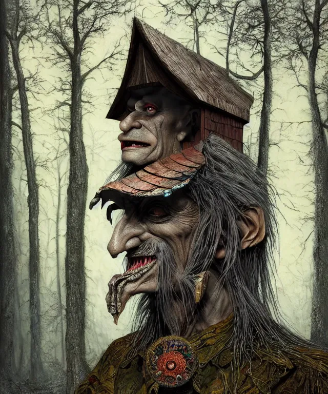 Image similar to hyperrealistic mixed media painting of a Male Baba Yaga in the woods staring at you creepily and smiling, stunning 3d render inspired art by P. Craig Russell and Barry Windsor-Smith + perfect facial symmetry + dim volumetric lighting, ornate gothic silver platemail, dizzy, full body, 8k octane beautifully detailed render, post-processing, extremely hyperdetailed, intricate, epic composition, grim yet sparkling atmosphere, cinematic lighting + masterpiece, trending on artstation, very very detailed, masterpiece, stunning