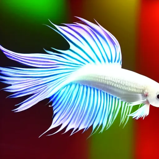 Prompt: a graceful iridescent white betta fish with long swirling fins, black-water-background, aquarium-photo