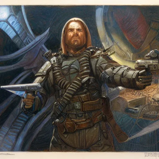 Image similar to templar holding a handgun sideways, by donato giancola.