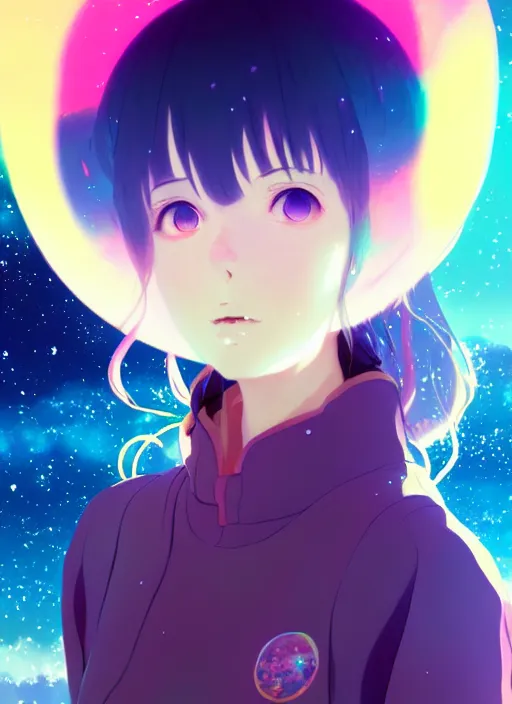 Image similar to portrait of a cute girl melting, very psychedelic space background illustration concept art anime key visual trending pixiv fanbox by wlop and greg rutkowski and makoto shinkai and studio ghibli and kyoto animation