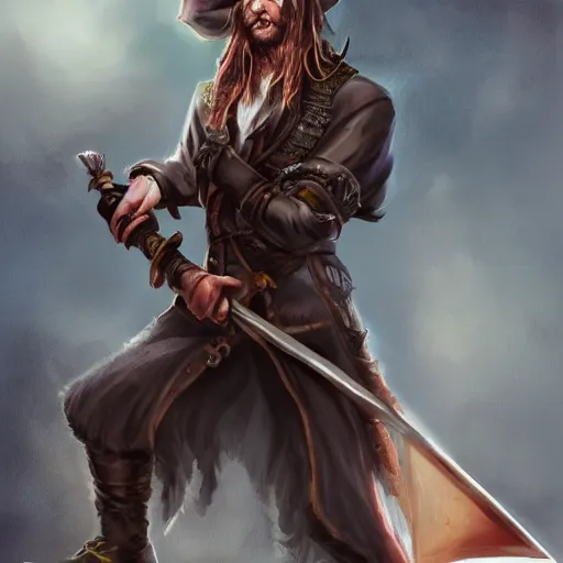 Prompt: Full body shot of pirate Captain wielding a sandstone rapier and sandstone dagger. Wearing a hat with an impressive feather and with a brutal scar across his neck. Dark magic, necromancy, dark lighting, flux. High fantasy, digital painting, HD, 4k, detailed