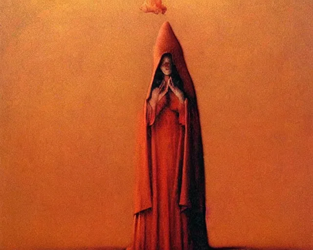 Image similar to by francis bacon, beksinski, mystical redscale photography evocative. devotion to the scarlet!!! woman!!!, priestess in a conical!!! hat, coronation, ritual, sacrament