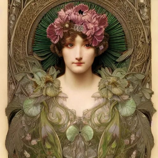 Prompt: hyperrealistic detailed portrait of ivory beautiful demonic witch, art by ernst haeckel, john william godward, hammershøi, alphons mucha, pontormo, ornamental, decorative, art nouveau pattern, deep pastel colors,