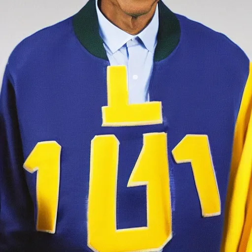 Image similar to realistic photo of casual barack obama wearing a royal blue varsity jacket with yellow sleeves