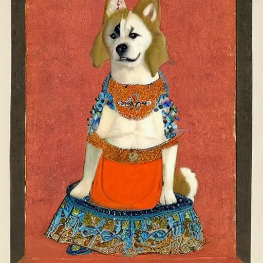 Prompt: female red akita inu dog dressed as a queen in an ornate dress with orange slices pattern, medieval painting