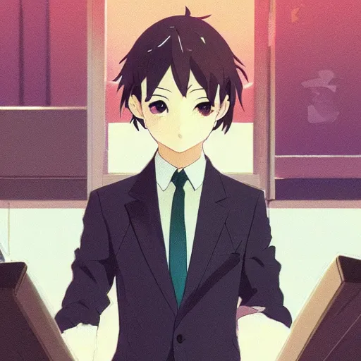 Image similar to a duck wearing a business suit, illustration concept art anime key visual trending pixiv fanbox by wlop and greg rutkowski and makoto shinkai and studio ghibli and kyoto animation symmetrical facial features