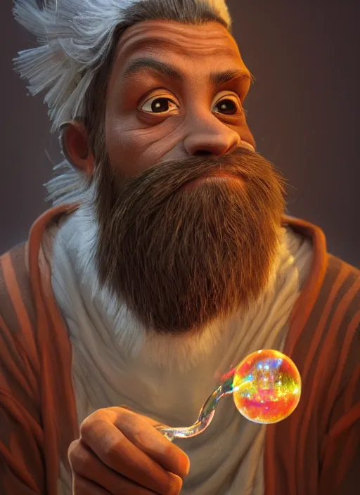 Prompt: an anthropomorphic beautiful male wizard portrait blowing bubbles wearing stripes robe, fine art, award winning, intricate, elegant, sharp focus, octane render, hyperrealistic, cinematic lighting, highly detailed, digital painting, 8 k concept art, art by jamie hewlett and z. w. gu, masterpiece, trending on artstation, 8 k