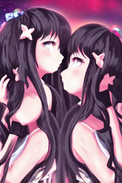 Prompt: two beautiful female idols with twintails facing each other, dark background, anime art