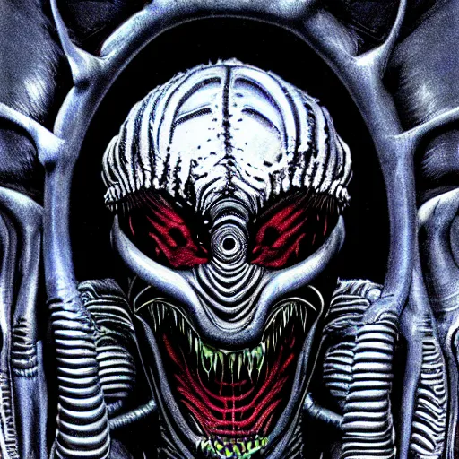 Image similar to space alien, slimy, glossy, sharp teeth, by h. r. giger, nightmare fuel, nightmarish, intricate, highly detailed, optical illusion, stranger things demogorgon, cave lighting, flickering