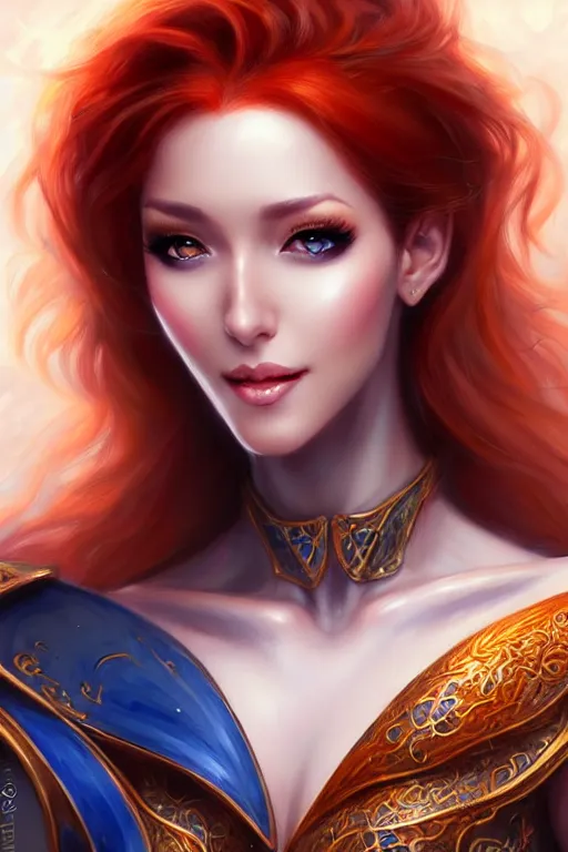 Prompt: beautiful woman rim amari, dressed in tlemcen cheddar, karol bak, ayami kojima, artgerm, sakimichan, arab beauty, red hair, blue eyes, smile, concept art, fantasy