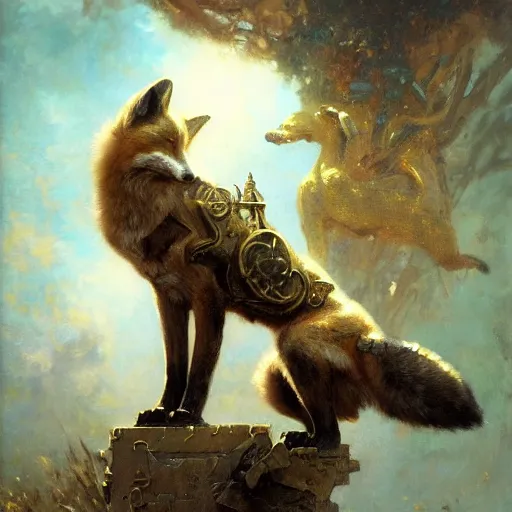 Prompt: beautifull brass fox by gaston bussiere, bayard wu, greg rutkowski, giger, maxim verehin, greg rutkowski, masterpiece, sharp focus, cinematic lightning