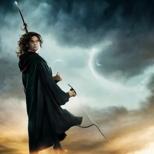 Image similar to Harry potter standing and casting a wand, back view, thunderclouds, cinematic shot, wide shot, epic scale, waving robe movement, photorealistic detail and quality, intricate ground stone, magical sigils, floating particle effects, movie still, nighttime, crescent moon, sharp and clear, action shot, intense scene, visually coherent, symmetry, rule of thirds, movement, photorealistic colors, cool colors transitioning to warm colors, award winning, directed by Steven Spielberg, Christopher Nolan, Tooth Wu, Asher Duran