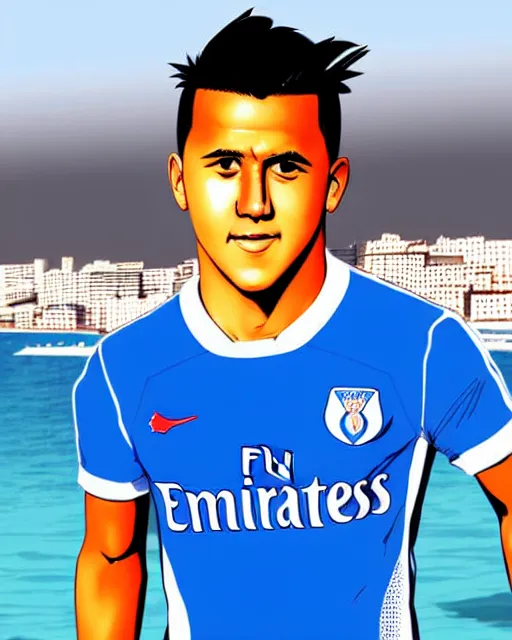 Image similar to portrait Anime Alexis Sanchez; white football shirt, Marseille beach in background || anime, manga cute-fine-face, pretty face, realistic shaded Perfect face, fine details. Anime. realistic shaded lighting by Katsuhiro, Otomo