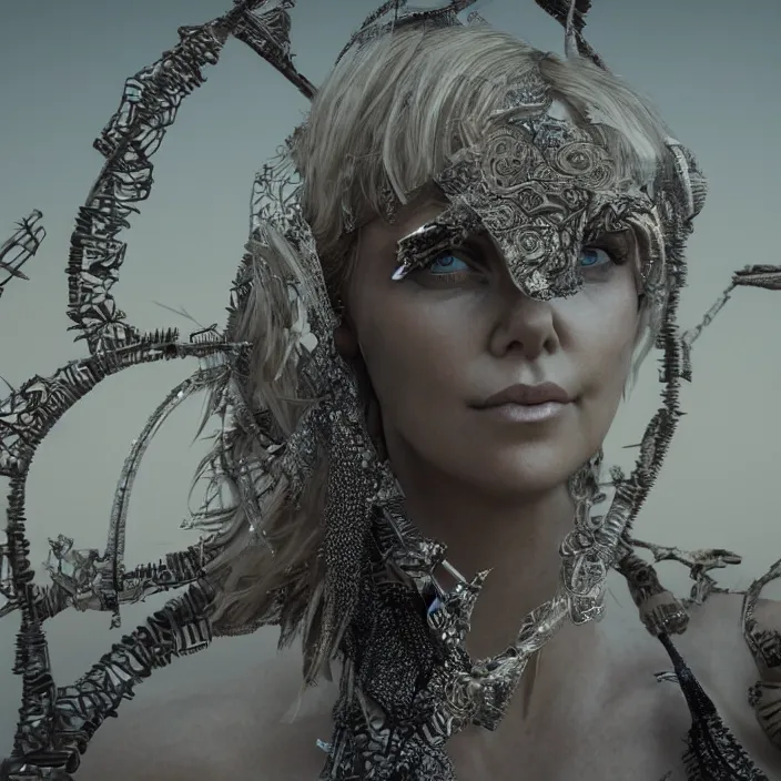 Image similar to Charlize Theron. intricate artwork. in black rock desert, at burning man. octane render, trending on artstation, very coherent symmetrical artwork. cinematic, hyper realism, high detail, octane render, 8k, iridescent accents