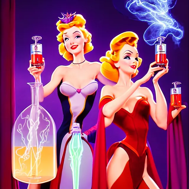 Prompt: key visual of an attractive sorceress holding two flasks full of glowing liquid, mad scientist's lab background, by gil elvgren and stanley lau, disney princess style