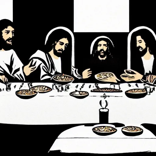Image similar to a photograph of jesus and his disciples having the last supper at dave and busters restaurant