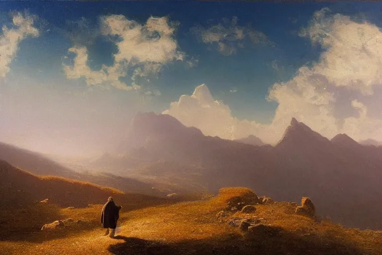 Prompt: a traveler wandering trough the mountains looking at the clouds, hyperdetailed, focused, oil painting, cinematic lighting, albert bierstadt, trending on artstation, colorful, canvas, sunset, centered, hans dahl, theodor kittelsen, hermann hendrich, national geographic, Konstantin Yakovlevich Kryzhitsky, beautiful nature, breathtaking, nordic, white tunic