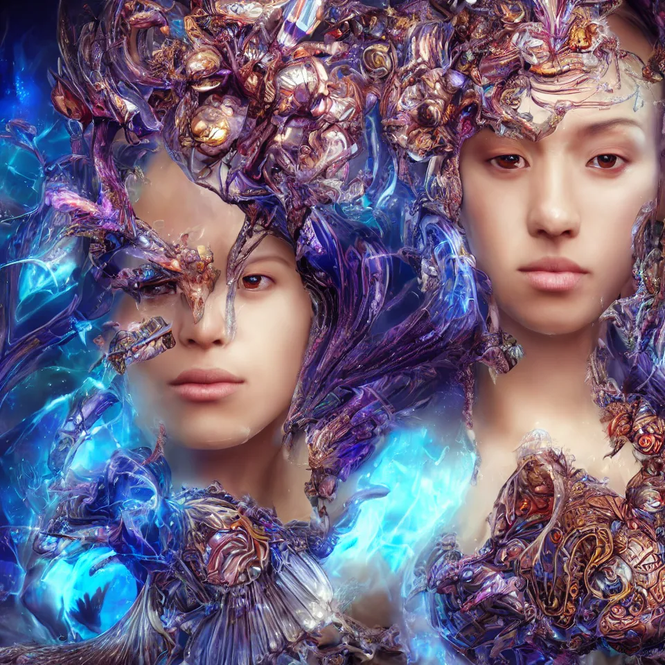 Prompt: epic ethnic close-up macro portrait of the face of a beautiful princess, epic angle and pose, symmetrical artwork, 3d with depth of field, blurred background, cybernetic orchid flower butterfly jellyfish crystal, obsidian, female face skull phoenix bird, translucent, nautilus, energy flows of water and fire. a highly detailed epic cinematic concept art CG render. made in Maya, Blender and Photoshop, octane render, excellent composition, cinematic dystopian brutalist atmosphere, dynamic dramatic cinematic lighting, aesthetic, very inspirational, arthouse. y Greg Rutkowski, Ilya Kuvshinov, WLOP, Stanley Artgerm Lau, Ruan Jia and Fenghua Zhong