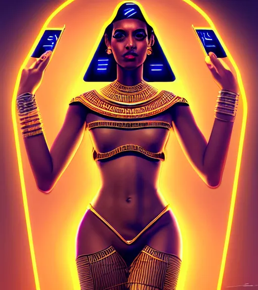 Image similar to symmetry!! egyptian princess of technology, solid cube of light, hard edges, product render retro - futuristic poster scifi, lasers and neon circuits, brown skin gorgeous egyptian princess, intricate, elegant, highly detailed, digital painting, artstation, concept art, smooth, sharp focus, illustration, dreamlike, art by artgerm