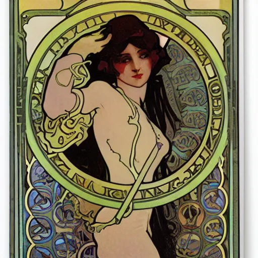 Image similar to occult detective, painted by alphonse mucha