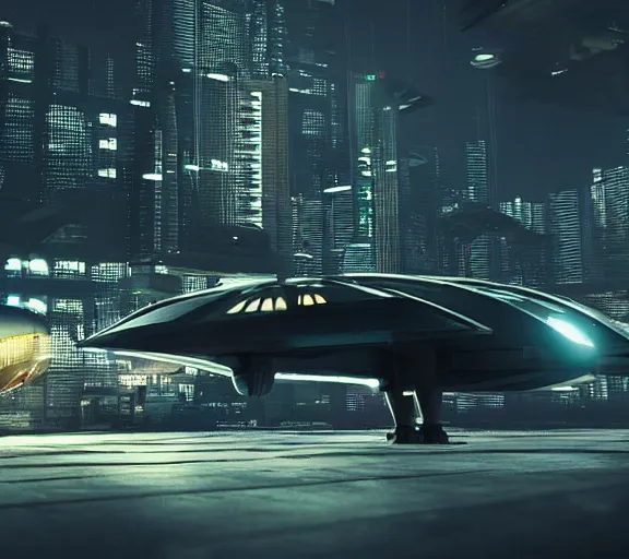 Image similar to man stands beside futuristic sci fi jet landed at runway of cyberpunk city, night photo ,dark cinematic lighting , digital concept art