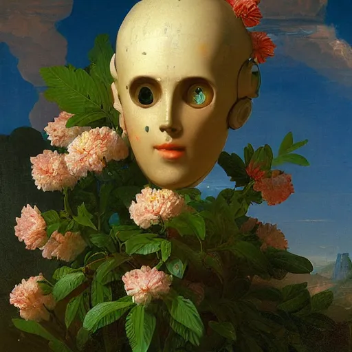 Prompt: a vaporwave painting by Thomas Cole of a robot head with flowers growing out, highly detailed