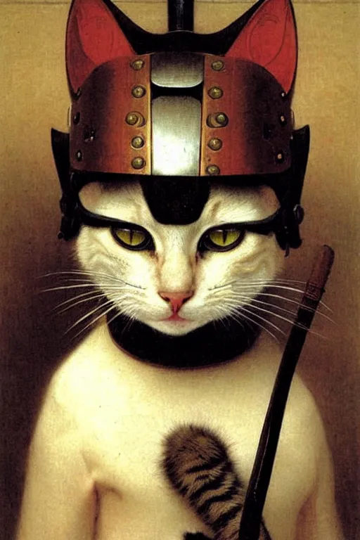 Image similar to portrait of a cat samurai, wearing samurai armor and helmet, majestic, solemn, by bouguereau