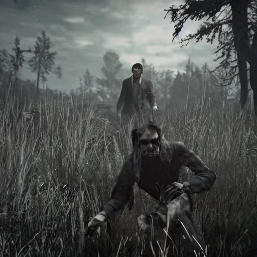 Image similar to vladimir putin running from zombies in hunt showdown