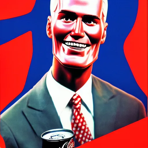Image similar to coca cola man drinking a can of soda with max headroom's face on it, realistic, hyperrealistic, ultra realistic, real, real world, highly detailed, very detailed, extremely detailed, intricate details, 8 k resolution, hd quality