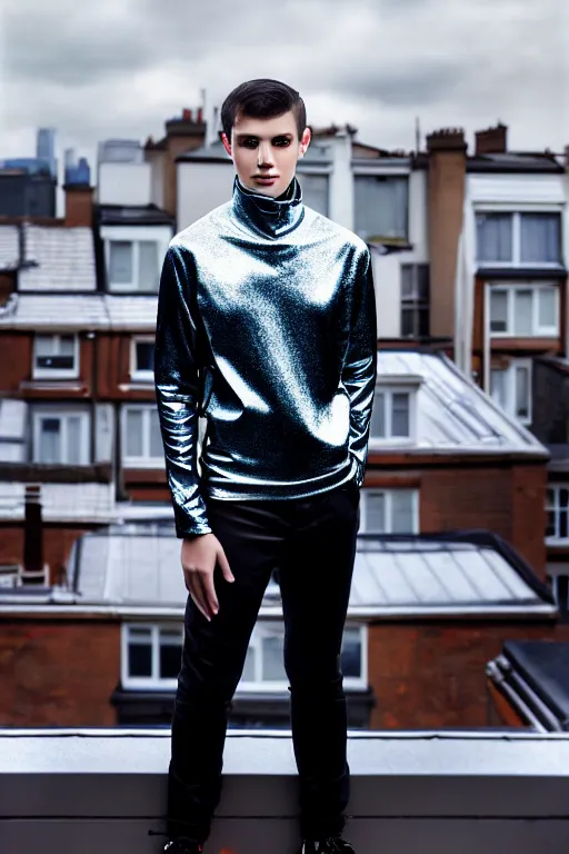 Image similar to un ultra high definition studio quality photographic art portrait of a young man standing on the rooftop of a british apartment building wearing soft padded silver pearlescent clothing. three point light. extremely detailed. golden ratio, ray tracing, volumetric light, shallow depth of field. set dressed.