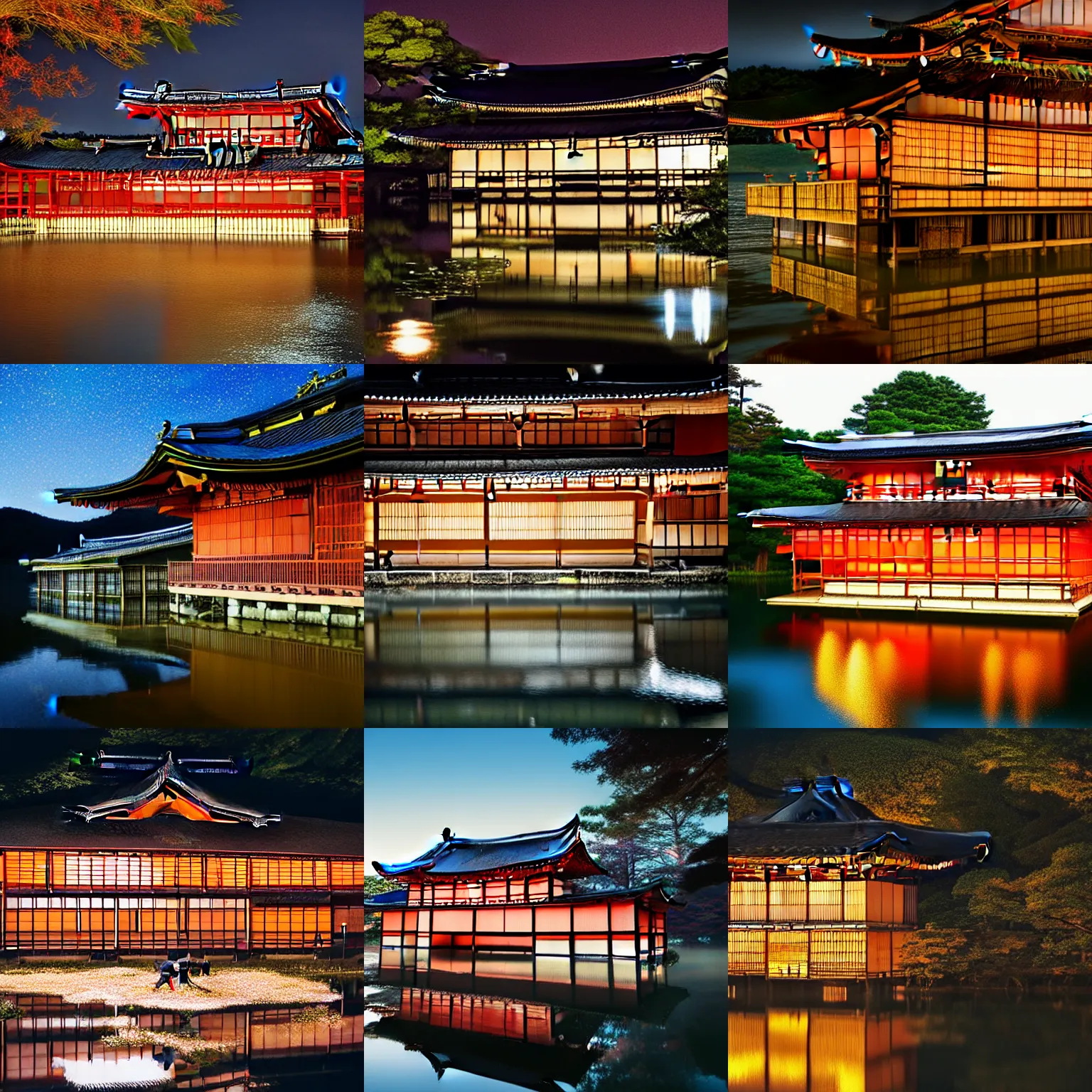Prompt: A traditional japanese building relfecting inside a lake at night