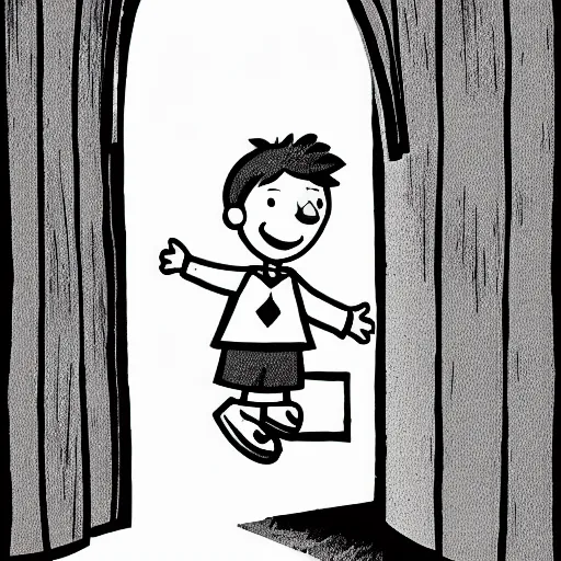 Prompt: storybook illustration of an open wardrobe revealing the entrance to a fantastic world featuring diary of a wimpy kid, storybook illustration, monochromatic