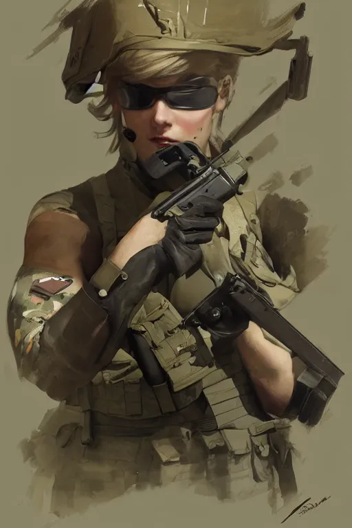 Image similar to mgs solid snake as a woman, full body military outfit, army boots, pouches, full body concept art, khaki color, oil painting, sunlit, paint texture, digital painting, highly detailed, artstation, sharp focus, illustration, concept art, ruan jia, charlie bowater, tom bagshaw, norman rockwell