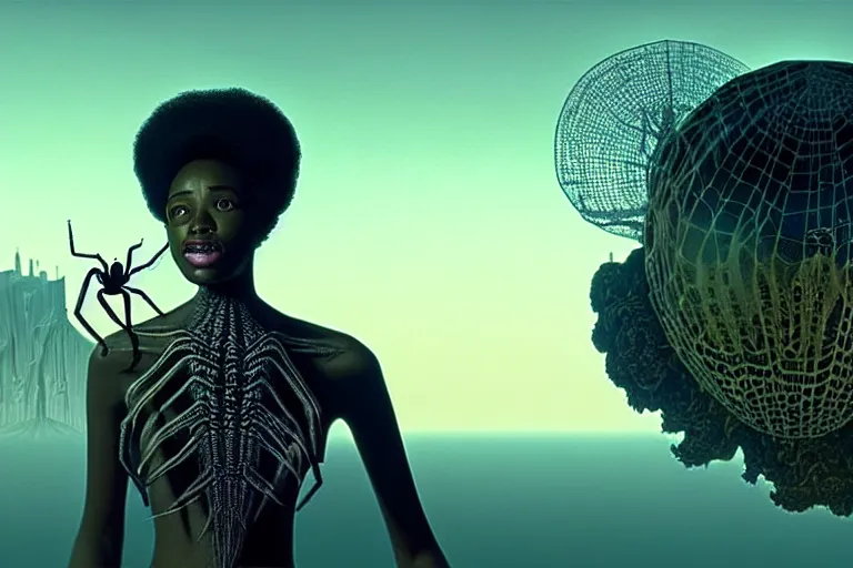 Image similar to realistic detailed photorealistic portrait movie shot of a beautiful black woman with a giant spider, sci fi city landscape background by denis villeneuve, amano, yves tanguy, alphonse mucha, ernst haeckel, david lynch, edward robert hughes, roger dean, cyber necklace, rich moody colours, wide angle