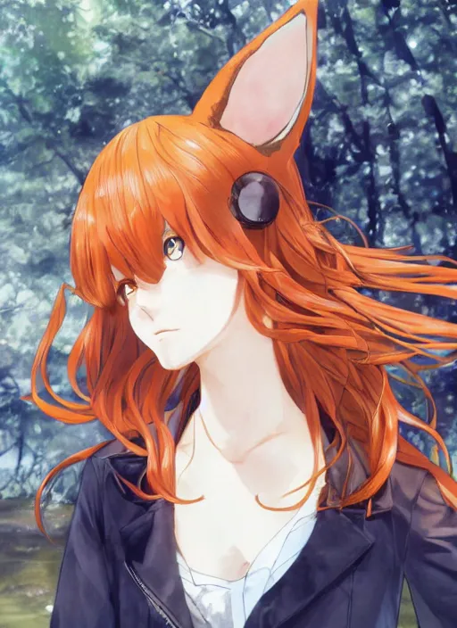 Image similar to girl with fox ears, tired eyes, long wavy orange hair, light brown trenchcoat, forest background, focus on face, pretty, moody lighting, painterly, illustration by shigenori soejima, by tatsuki fujimoto, by yoji shinakawa