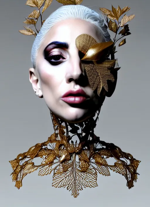 Image similar to complex 3d render ultra detailed of a beautiful porcelain lady gaga face, mechanical vegetal cyborg, 150 mm, beautiful natural soft light, rim light, silver gold details, magnolia big leaves and stems, roots, fine foliage lace, mesh wire, Alexander Mcqueen haute couture, lady Gaga style, intricate details, hyperrealistic, mandelbrot fractal, anatomical, red lips, silver metal armor, facial muscles, cable wires, microchip, elegant, white background, octane render, H.R. Giger style, 8k