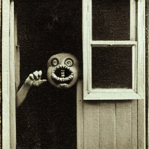 Image similar to ghastly creature peaking from a window, 1900s picture