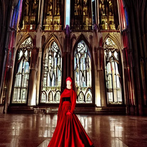 Image similar to movie shot, landcape, architectural shot, no decaying lines, background of an alabaster gothic cathedral, with long ephimeral windows with reflection of red flames, as subject a gothic woman with an intricate arabesque detailed black dressed, macro head face