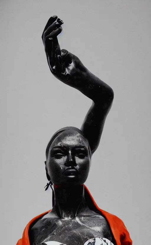 Image similar to extremely beautiful female black marble statue in the style of virgil abloh, colorful motocross logos behind her, sharp focus, clear, detailed,, cinematic, detailed, off white, glamourous, symmetrical, vogue, editorial, fashion, magazine shoot, glossy