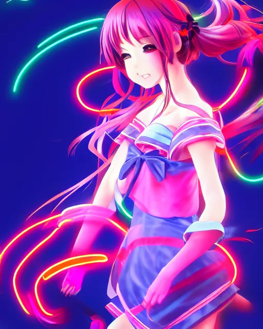 Image similar to anime style, vivid, expressive, full body, 4 k, painting, a cute magical girl idol with a long wavy hair wearing a kimono outfit, correct proportions, stunning, realistic light and shadow effects, neon lights, studio ghibly makoto shinkai yuji yamaguchi