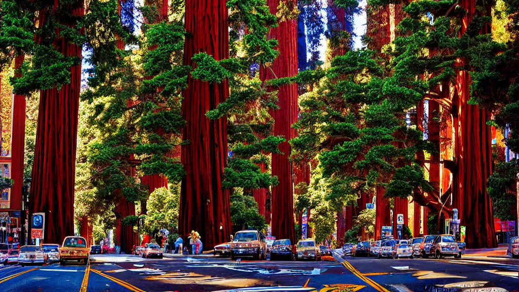 Image similar to Market Street San Francisco lined with Redwood Trees; City in Harmony with Nature; Location: San Francisco, California; retro-natural-futurism; Trees photographed by Neil Burnell