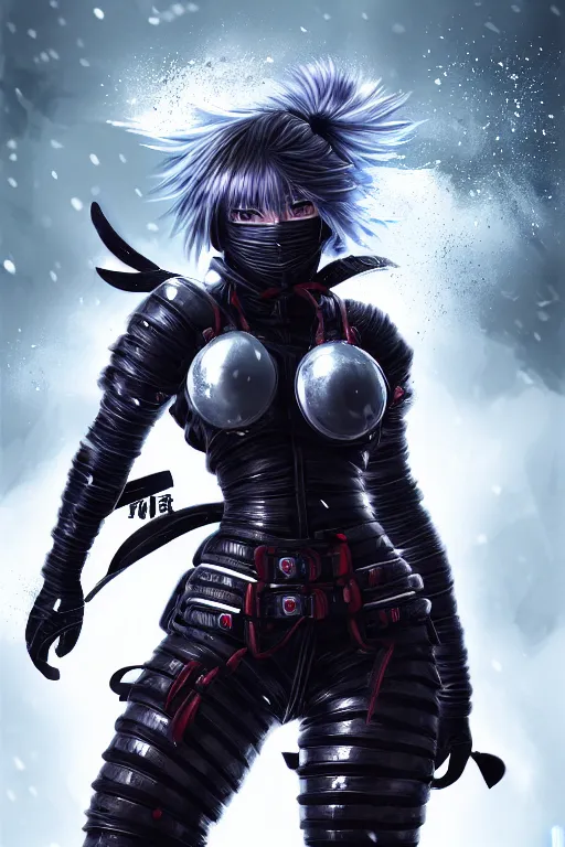 Prompt: portrait of female ninja gaiden momiji, metalic frost cyber ninja respirator, stormy snowy fiji mountain, incredibly beautiful, armored, highly detailed, digital painting, face detail, sharp focus, art, illustrations by tian zi and ayanamikodon and irakli nadar and wlop