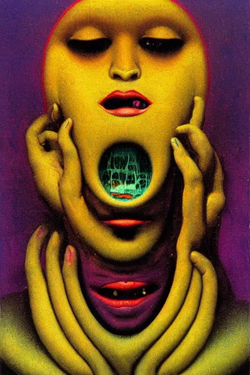 Image similar to 8 0 s art deco close up portait of face with big mouth, rain like a dream oil painting curvalinear clothing cinematic dramatic cyberpunk textural fluid lines otherworldly vaporwave interesting details fantasy lut epic composition by basquiat zdzisław beksinski james jean artgerm rutkowski moebius francis bacon gustav klimt