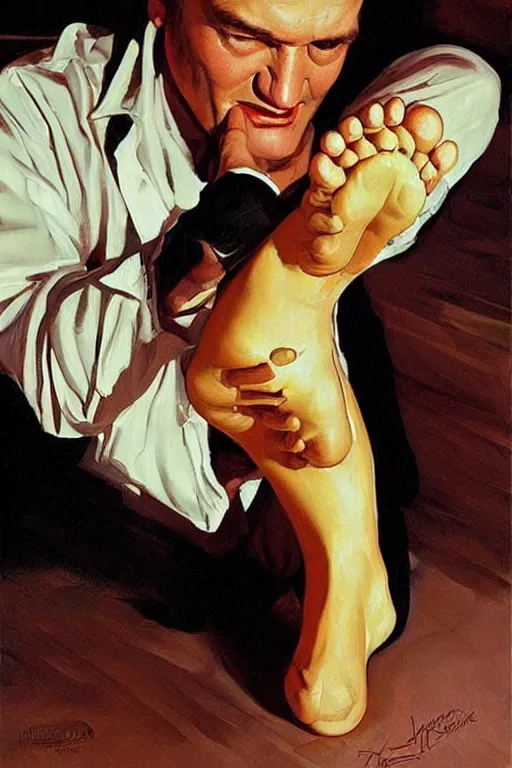 Image similar to quentin tarantino caressing feet, painting by jc leyendecker!! phil hale!, angular, brush strokes, painterly, vintage, crisp