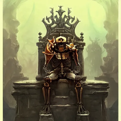 Prompt: skeleton king sitting on a throne in a palace by Stanley Artgerm Lau, frank frazetta, Rossdraws, James Jean, gerald brom, Andrei Riabovitchev, Marc Simonetti, and Sakimichan, trending on artstation, SFW version