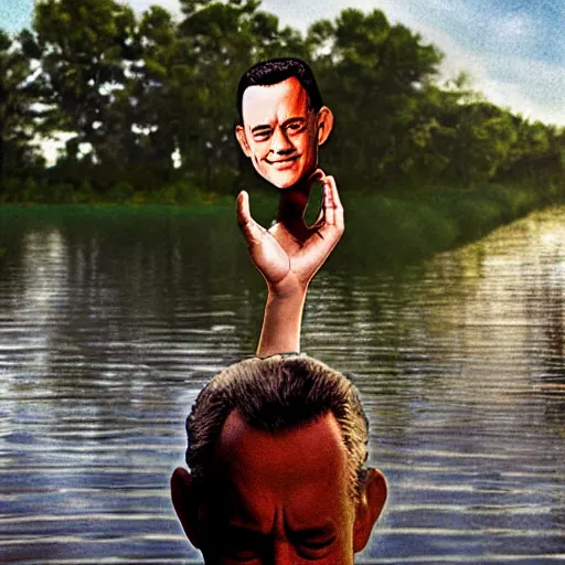 Image similar to Tom Hanks as forrest gump with giant shrimp heads as hands, digital art, photoreailstic, amazing detail