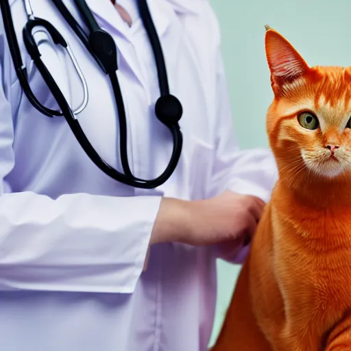 Prompt: orange tabby cat in doctors uniform with stethoscope around neck
