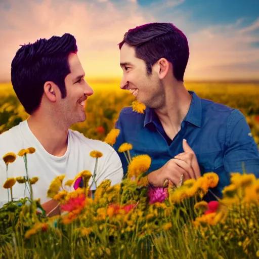 Prompt: a gay couple in their 30s together in a field of flowers at sunset, realistic, intricate, 4k